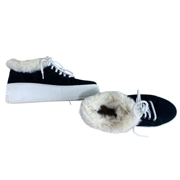 J /Slides Mellia Black Suede Platform Athletic Shoes Sz 7 Fur Platform Sneakers - Picture 5 of 10